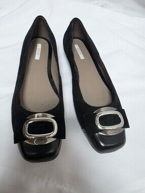 Geox Respira Black Suede Ballet Flats Buckle Cap Toe Women's US 7 EU 37